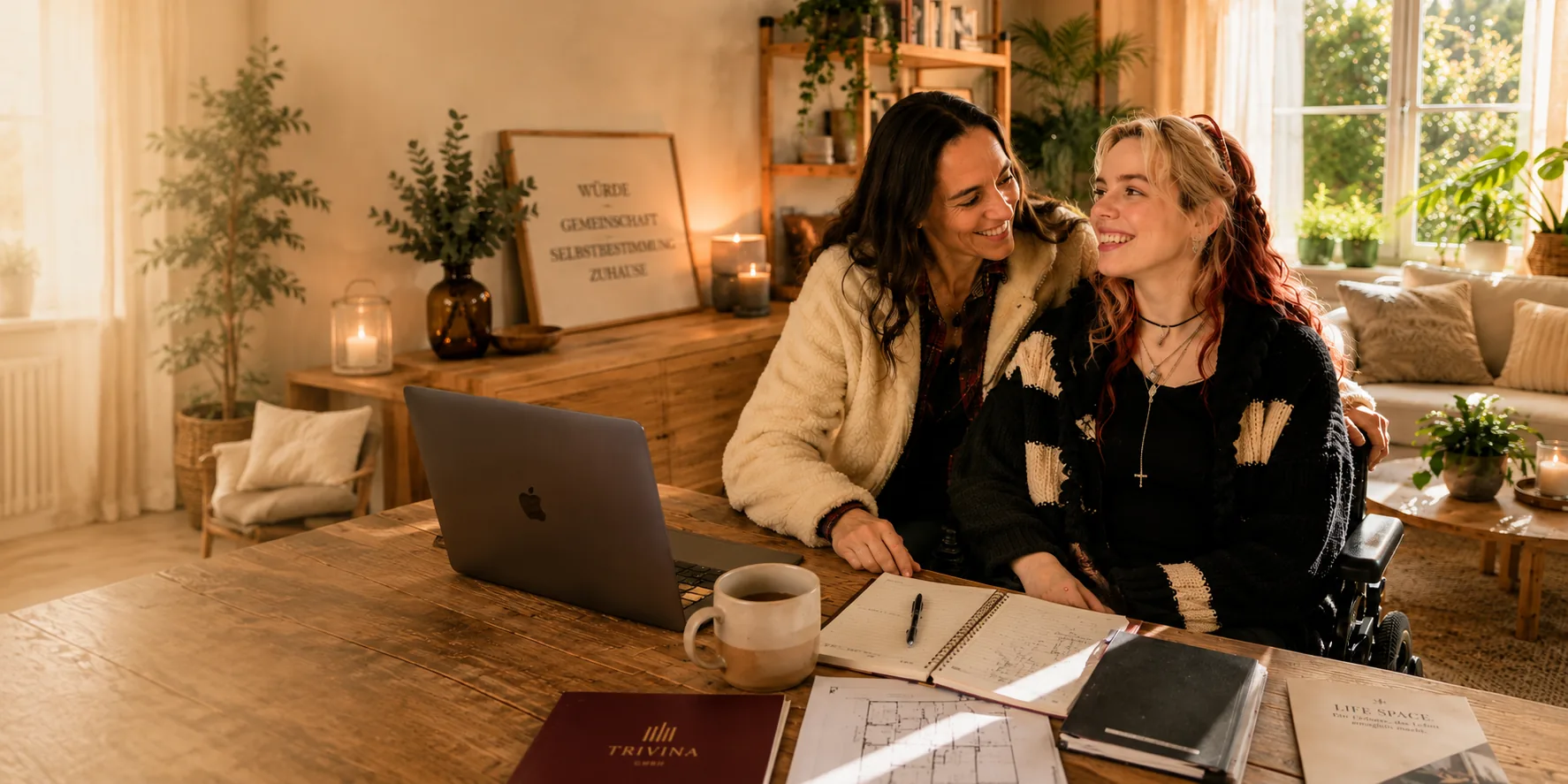 Britt und Robin arbeiten gemeinsam am Wohnzimmertisch an den Life-Space-Pl&auml;nen